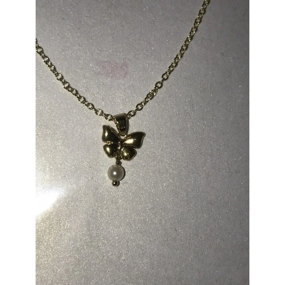 Girl Nation 14K Gold Plated Butterfly Pearl Pendant Necklace Hypoallergenic